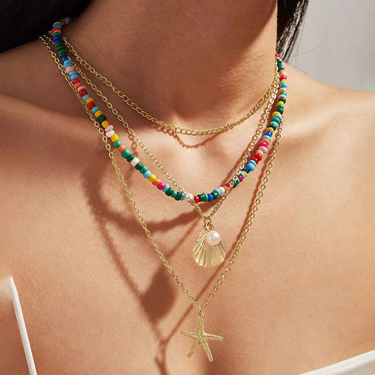 Natural Seashell Starfish Beaded Necklace for Women, Bohemian Summer Shell Layered NecklaceShell Pearl Necklaces,Tropical Beach Party JewelryOcean Jewelry Accessories