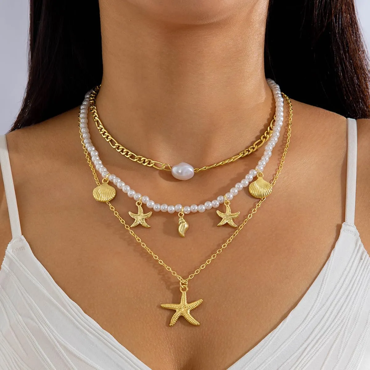 Natural Seashell Starfish Beaded Necklace for Women, Bohemian Summer Shell Layered NecklaceShell Pearl Necklaces,Tropical Beach Party JewelryOcean Jewelry Accessories