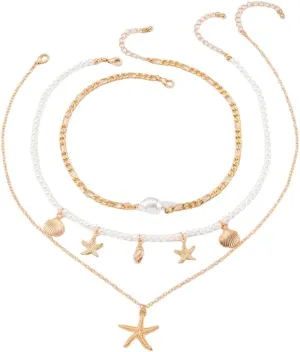 Natural Seashell Starfish Beaded Necklace for Women, Bohemian Summer Shell Layered NecklaceShell Pearl Necklaces,Tropical Beach Party JewelryOcean Jewelry Accessories