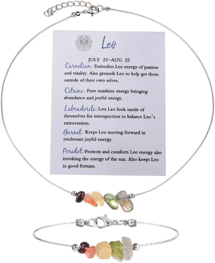 Natural Stone 12 Constellation Raw Zodiac Choker Necklace And Bracelet With Card Healing Chakra Crystals Zodiac Necklace Horoscope Astrology Jewelry