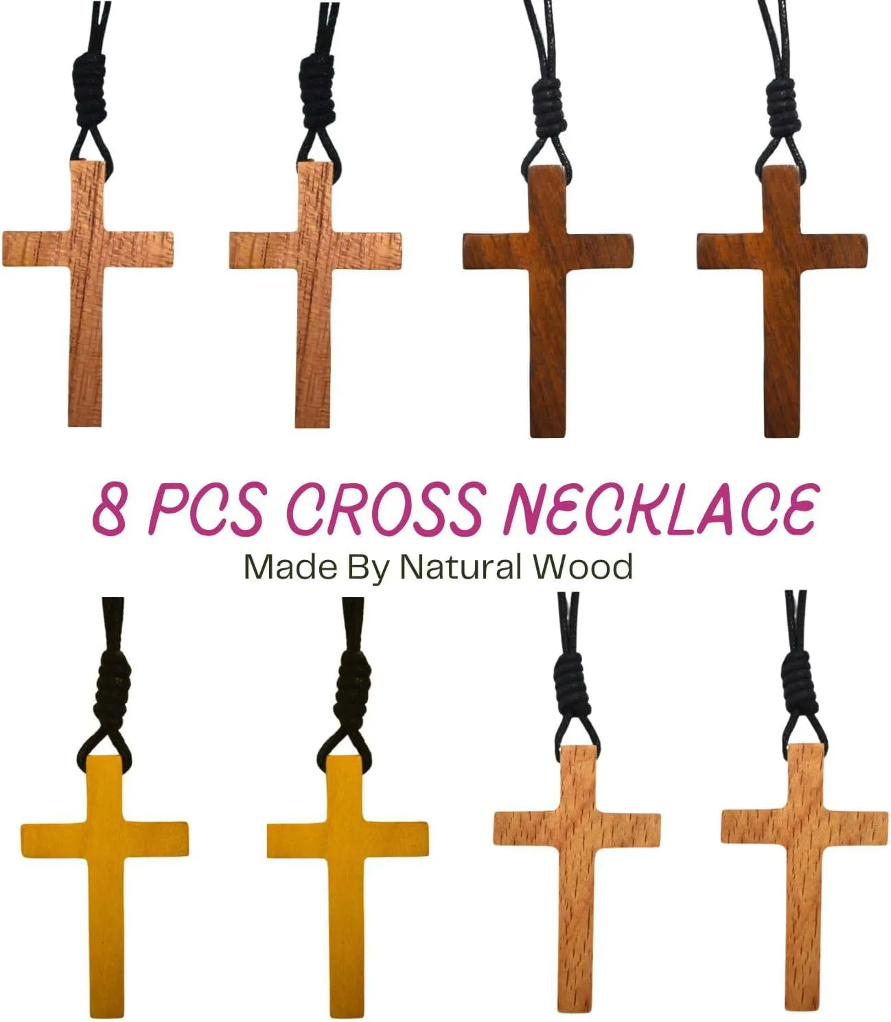 Natural Wood Cross Necklace - Handcrafted Wooden Pendant, Religious Jewelry for Men and Women, Adjustable Cord, Lightweight Design