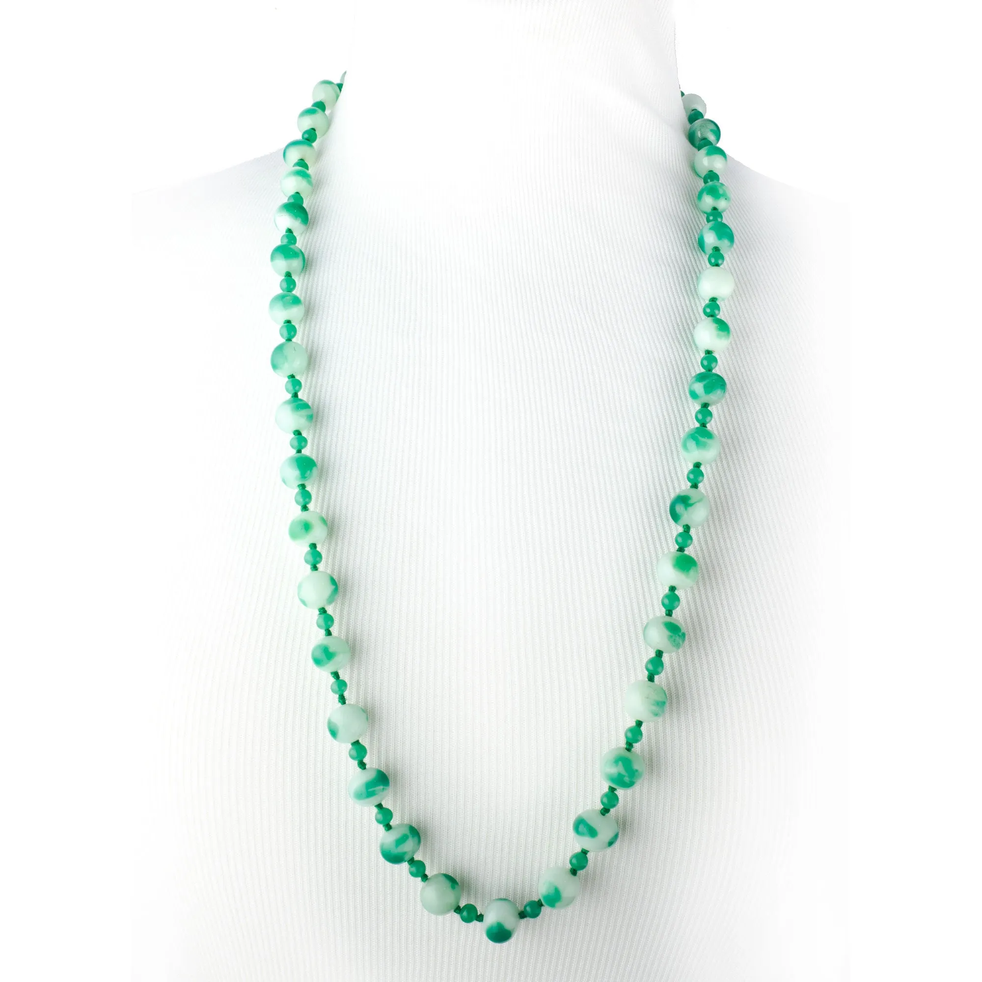 Necklace Chinese jade-green & milky white glass beads,1940s to 1950s.  31.5" long. j-nlgb2196