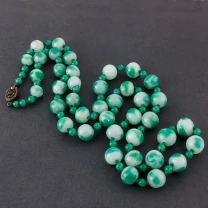 Necklace Chinese jade-green & milky white glass beads,1940s to 1950s.  31.5" long. j-nlgb2196