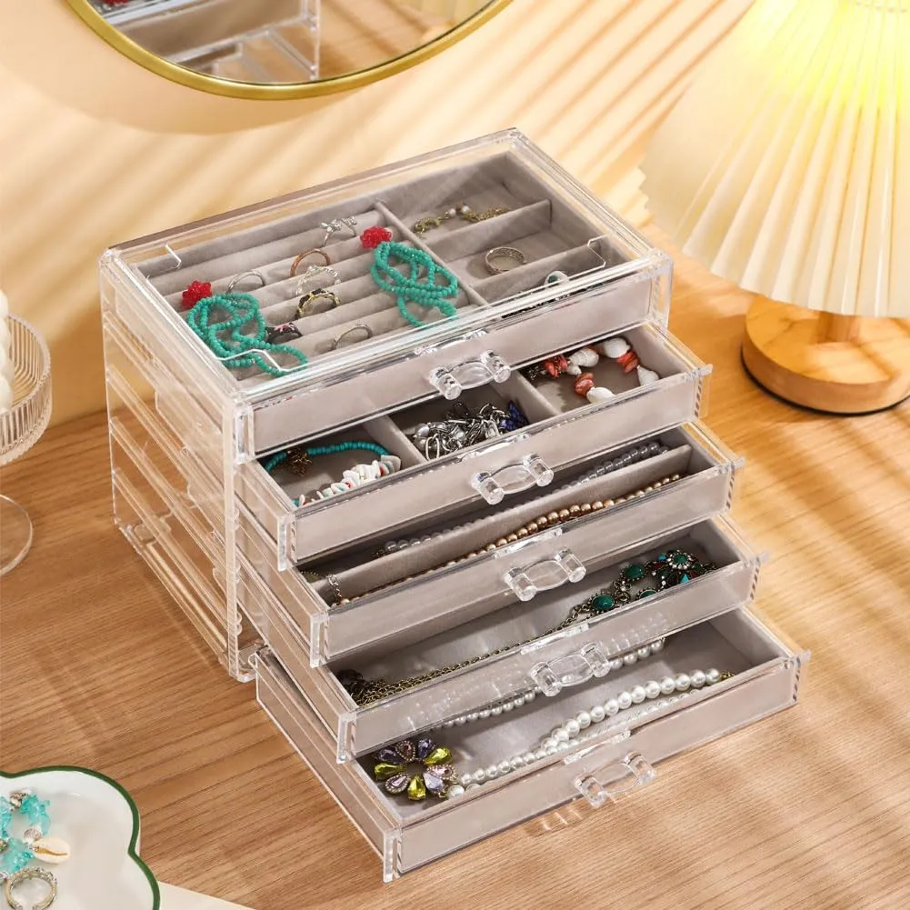 Necklace Organizer Box, Tray with 5 Drawers, Dustproof Velvet Storage Holder Display Case, Jewelry Box for Pendants, Suitable for Women and Girls (Grey)