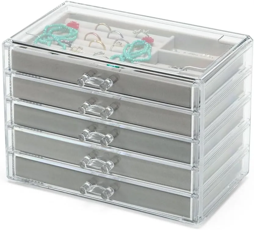 Necklace Organizer Box, Tray with 5 Drawers, Dustproof Velvet Storage Holder Display Case, Jewelry Box for Pendants, Suitable for Women and Girls (Grey)