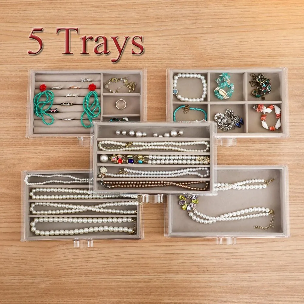 Necklace Organizer Box, Tray with 5 Drawers, Dustproof Velvet Storage Holder Display Case, Jewelry Box for Pendants, Suitable for Women and Girls (Grey)