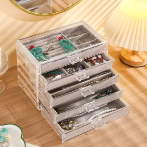 Necklace Organizer Box, Tray with 5 Drawers, Dustproof Velvet Storage Holder Display Case, Jewelry Box for Pendants, Suitable for Women and Girls (Grey)