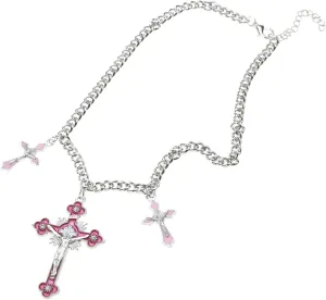 Necklace Pink Cross Pendant Necklace Cool Y2K Goth Jewelry Rainbow-Cross Jesus Crucifix Cross Pendant Chain Necklace for Women