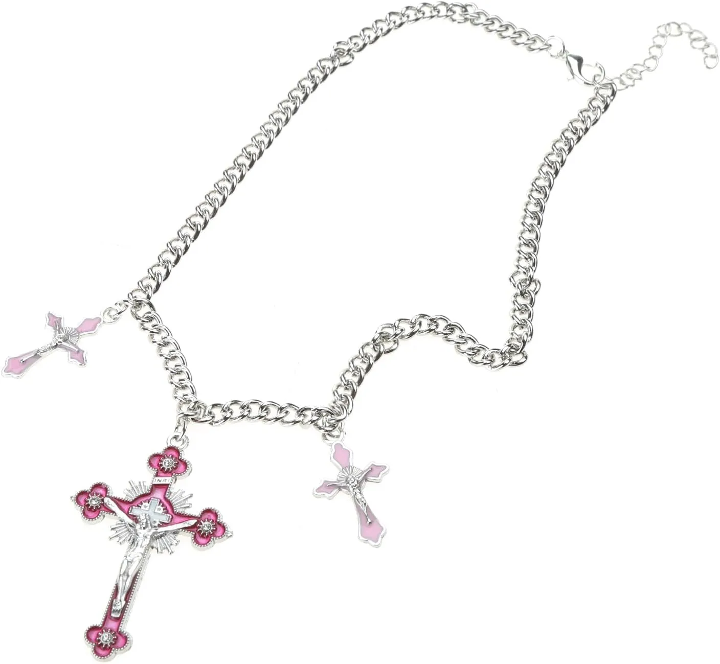 Necklace Pink Cross Pendant Necklace Cool Y2K Goth Jewelry Rainbow-Cross Jesus Crucifix Cross Pendant Chain Necklace for Women