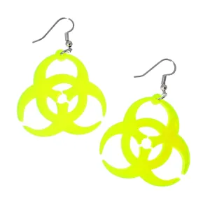 Neon Yellow Biohazard Symbol Pendant Dangle Earrings with Nickel Free Hooks, Zombie Outbreak, Black Light Rave Jewelry