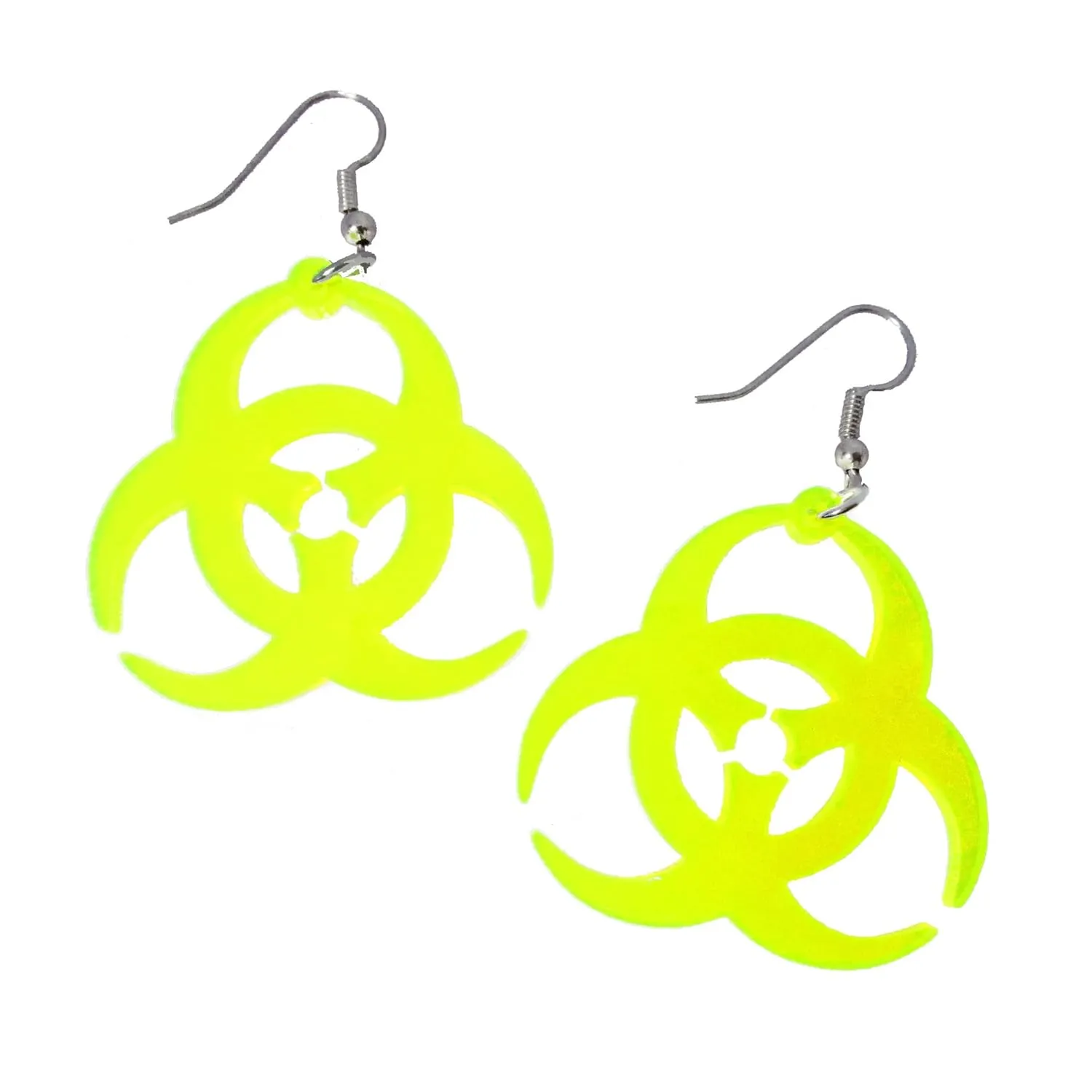 Neon Yellow Biohazard Symbol Pendant Dangle Earrings with Nickel Free Hooks, Zombie Outbreak, Black Light Rave Jewelry