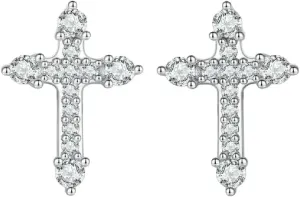 New 2026 Platinum Plated Cross Cz Stud Earrings 925 Sterling Silver Hypoallergenic Classic Elegant Faith Fashion Jewellry Decoration Jewelry Luxury Accessories Trendy Best For Gift