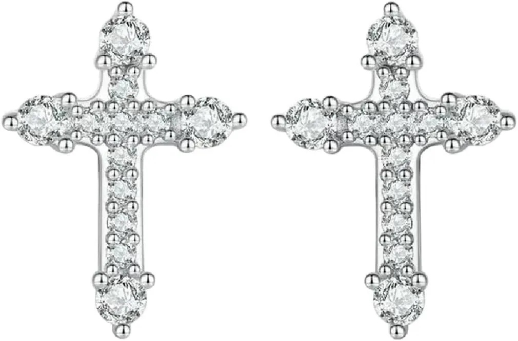 New 2026 Platinum Plated Cross Cz Stud Earrings 925 Sterling Silver Hypoallergenic Classic Elegant Faith Fashion Jewellry Decoration Jewelry Luxury Accessories Trendy Best For Gift