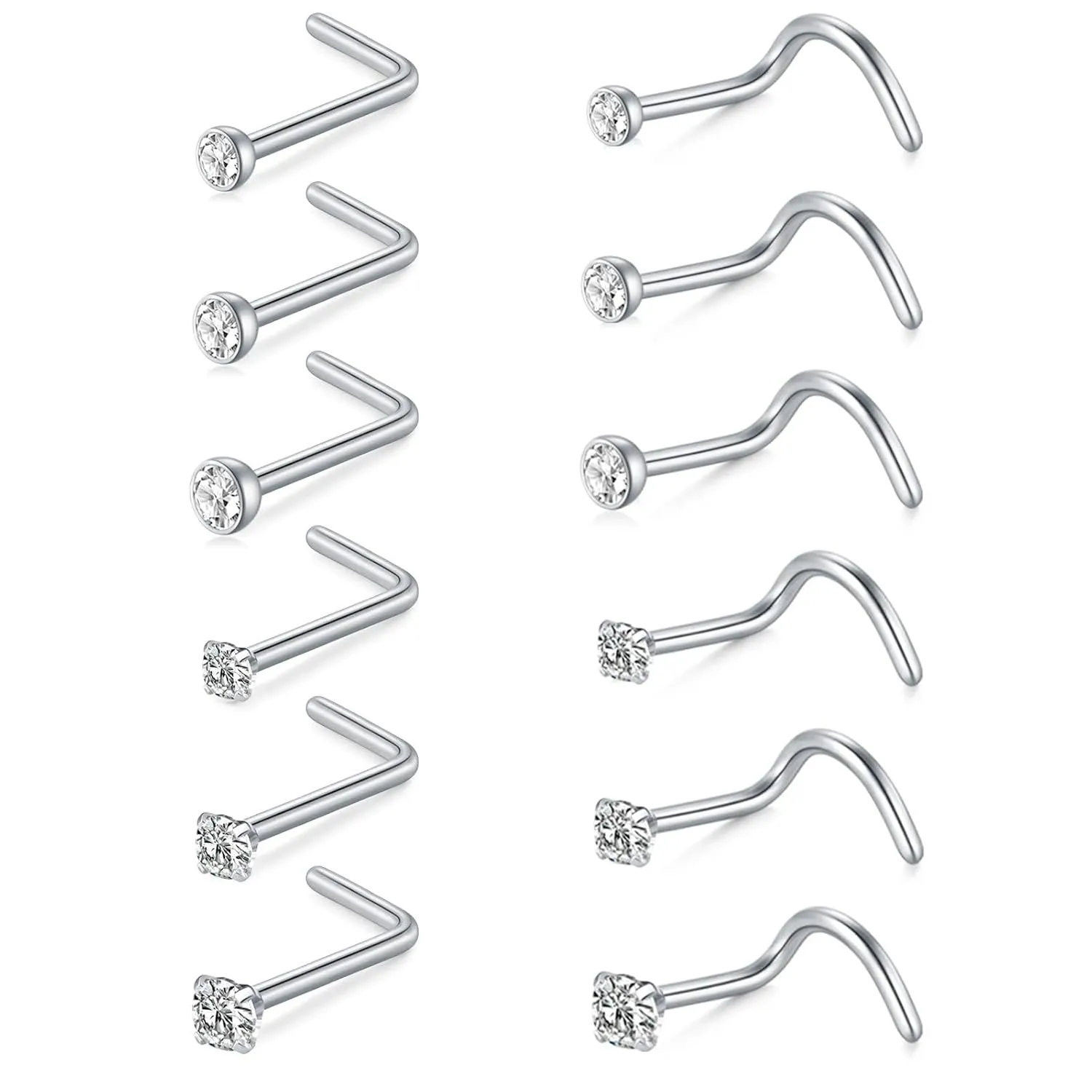 Nose Rings Studs 12Pcs 0.06/0.08/0.1 in Surgical Steel Nose Studs Silver Nose Screw Bone L Shaped/Straight Cubic Zirconia Imitation Diamond Heart for Women Men