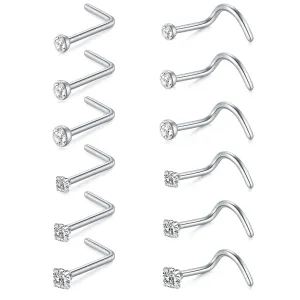 Nose Rings Studs 12Pcs 0.06/0.08/0.1 in Surgical Steel Nose Studs Silver Nose Screw Bone L Shaped/Straight Cubic Zirconia Imitation Diamond Heart for Women Men