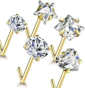 Nose Rings Studs L Screw Bone Shpaed Nose Studs for Women 18g 20g 22g 14K Gold Plated
