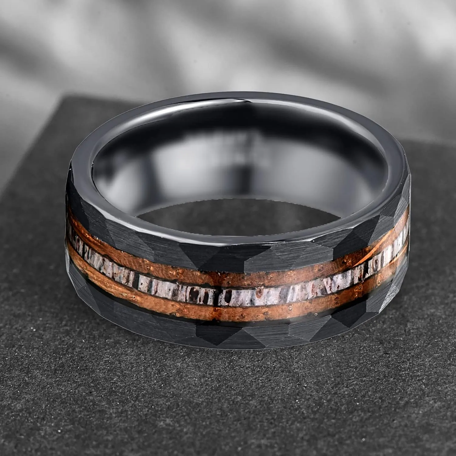 NUNCAD 8mm Custom Engraved Tungsten Ring for Men Black Inlaid Whisky Barrel Wood Antler Hammered Finish Wedding Rings for Men Sizes 7-12