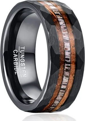 NUNCAD 8mm Custom Engraved Tungsten Ring for Men Black Inlaid Whisky Barrel Wood Antler Hammered Finish Wedding Rings for Men Sizes 7-12