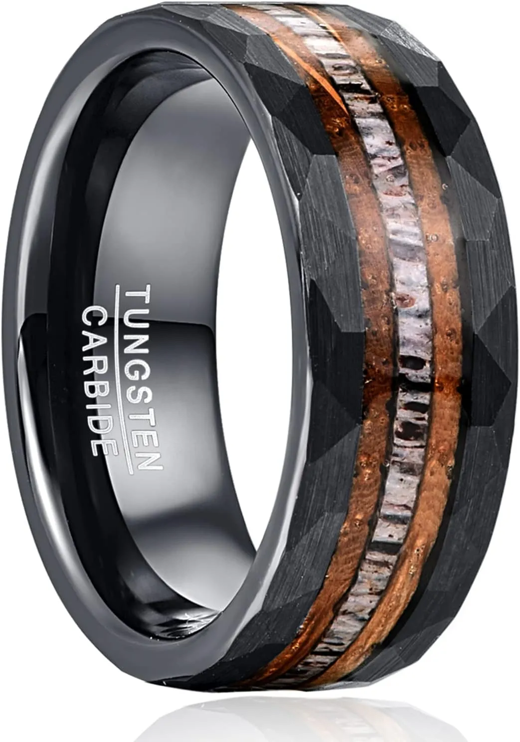 NUNCAD 8mm Custom Engraved Tungsten Ring for Men Black Inlaid Whisky Barrel Wood Antler Hammered Finish Wedding Rings for Men Sizes 7-12
