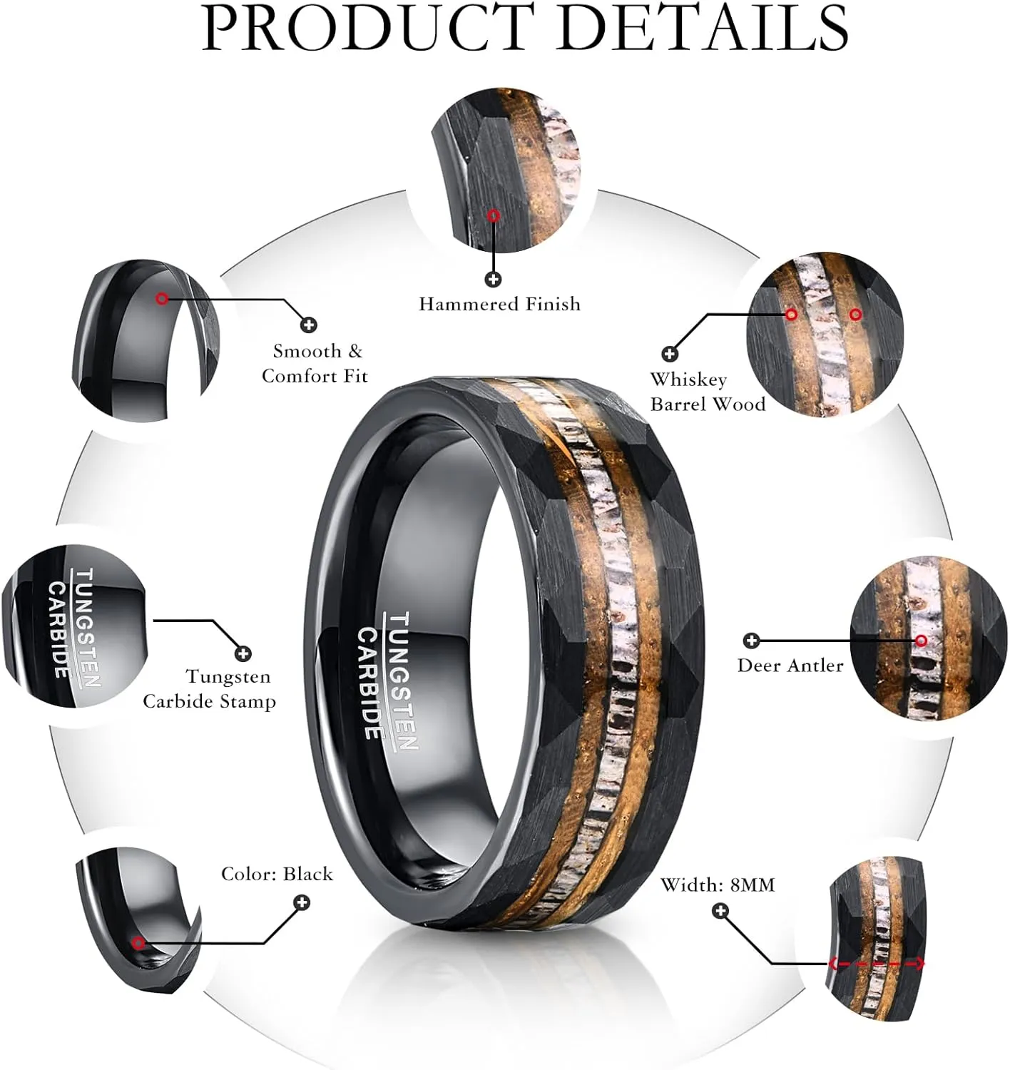 NUNCAD 8mm Custom Engraved Tungsten Ring for Men Black Inlaid Whisky Barrel Wood Antler Hammered Finish Wedding Rings for Men Sizes 7-12