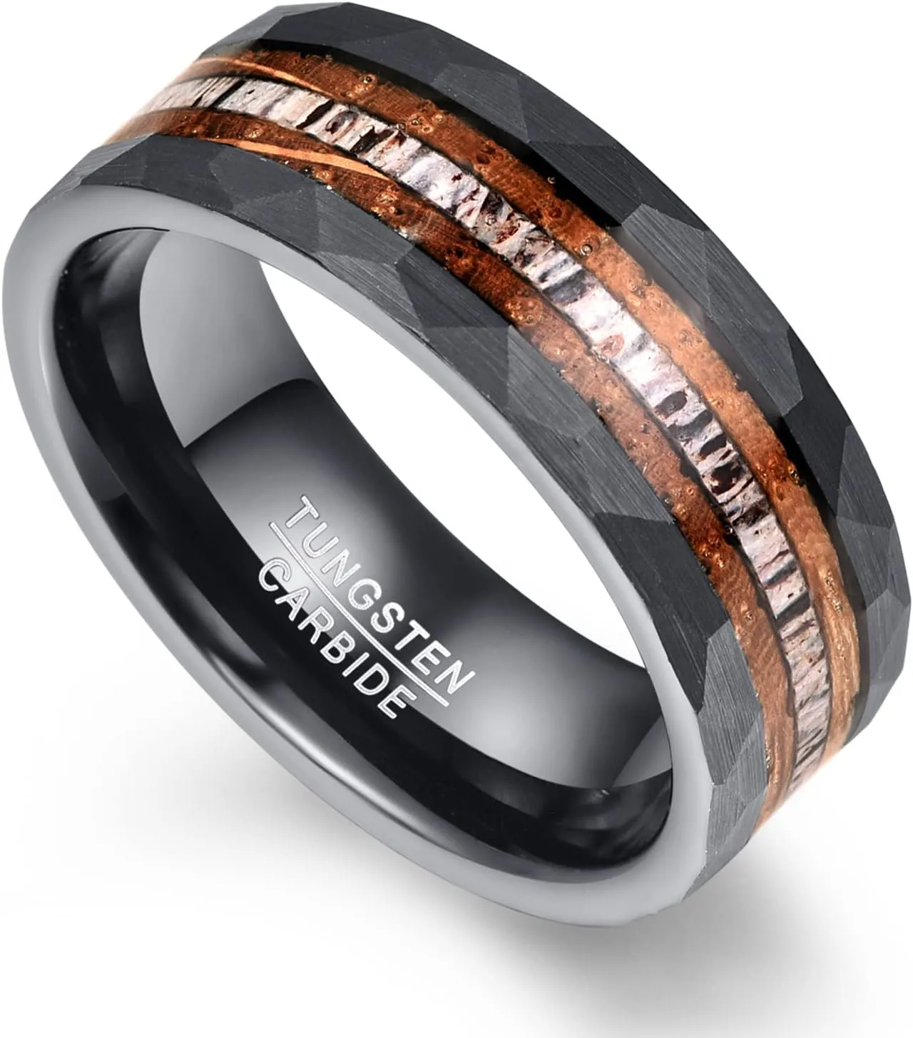NUNCAD 8mm Custom Engraved Tungsten Ring for Men Black Inlaid Whisky Barrel Wood Antler Hammered Finish Wedding Rings for Men Sizes 7-12