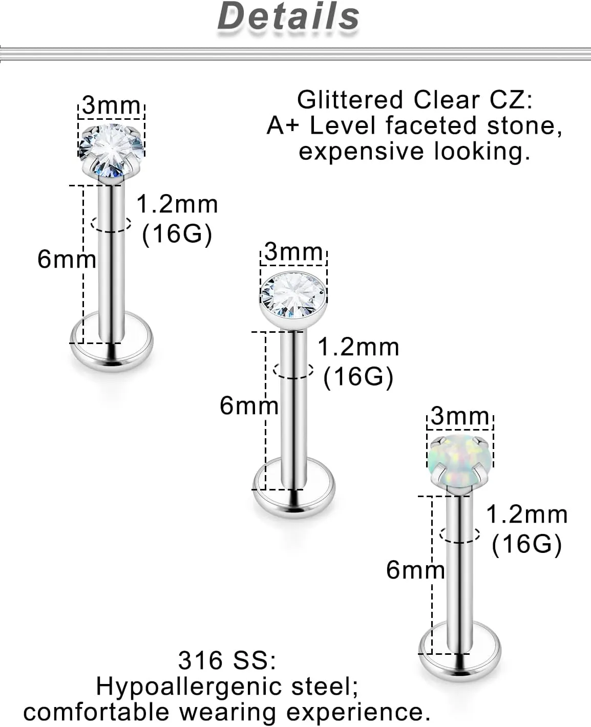 Ocptiy 18G 20G 16G Push in Flat Back Nose Rings Studs Surgical Steel Theadless Stud Earrings Cartilage Ear Piercings Helix Tragus Earrings Barbell 6mm 7mm 8mm Lenght Diamond 3mm