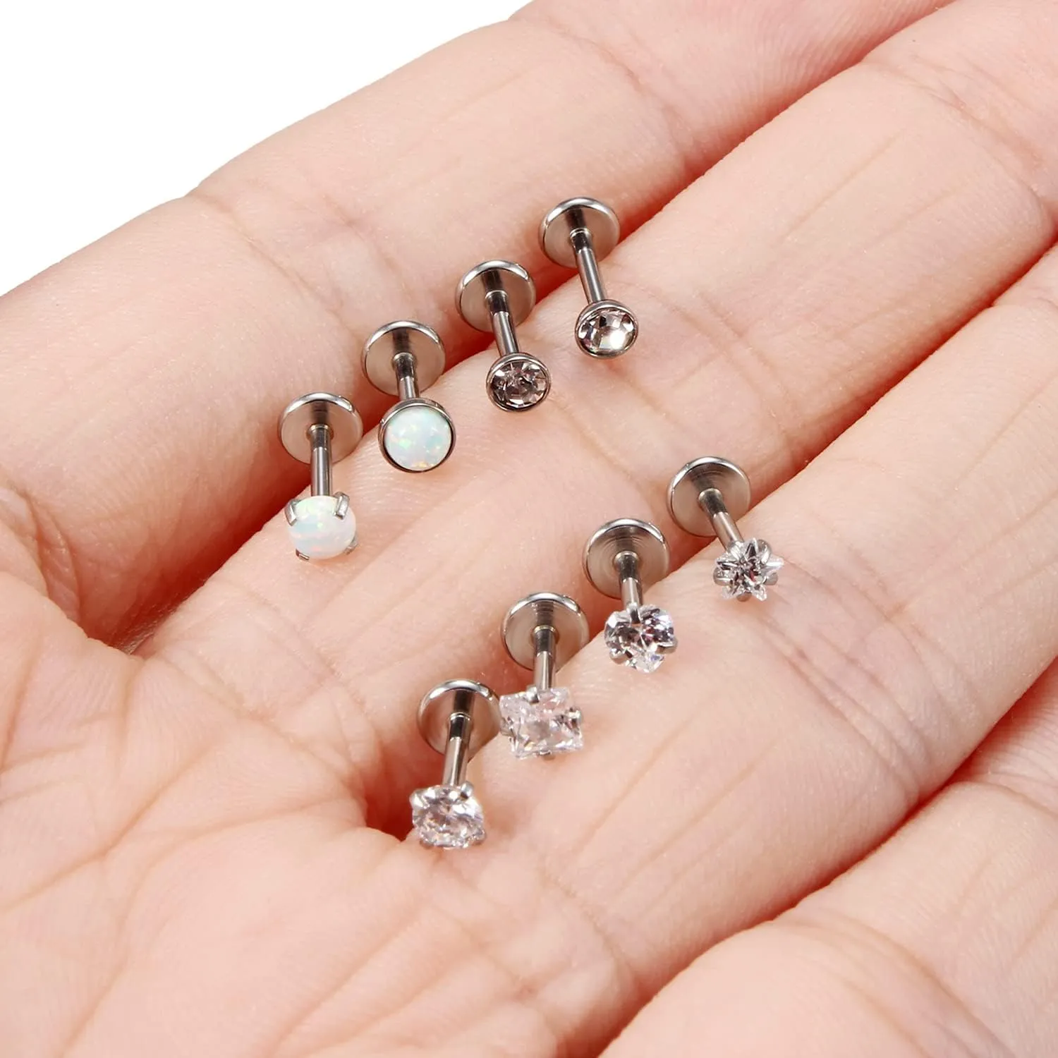 Ocptiy 18G 20G 16G Push in Flat Back Nose Rings Studs Surgical Steel Theadless Stud Earrings Cartilage Ear Piercings Helix Tragus Earrings Barbell 6mm 7mm 8mm Lenght Diamond 3mm