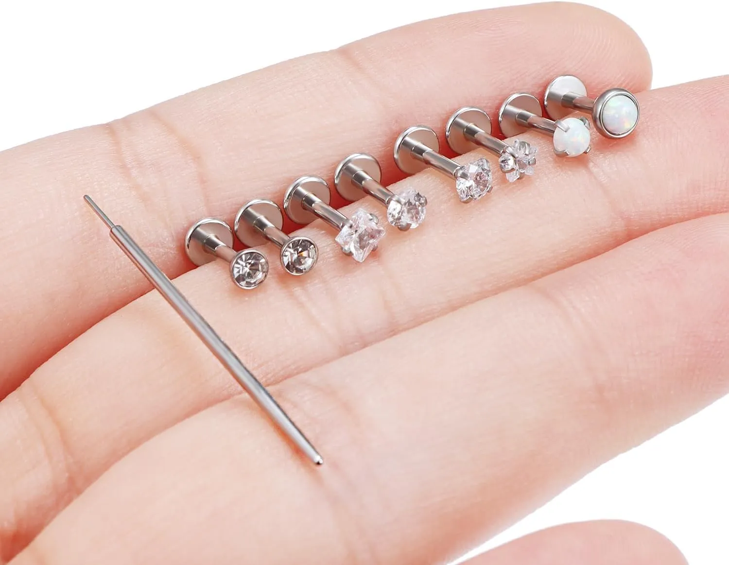 Ocptiy 18G 20G 16G Push in Flat Back Nose Rings Studs Surgical Steel Theadless Stud Earrings Cartilage Ear Piercings Helix Tragus Earrings Barbell 6mm 7mm 8mm Lenght Diamond 3mm