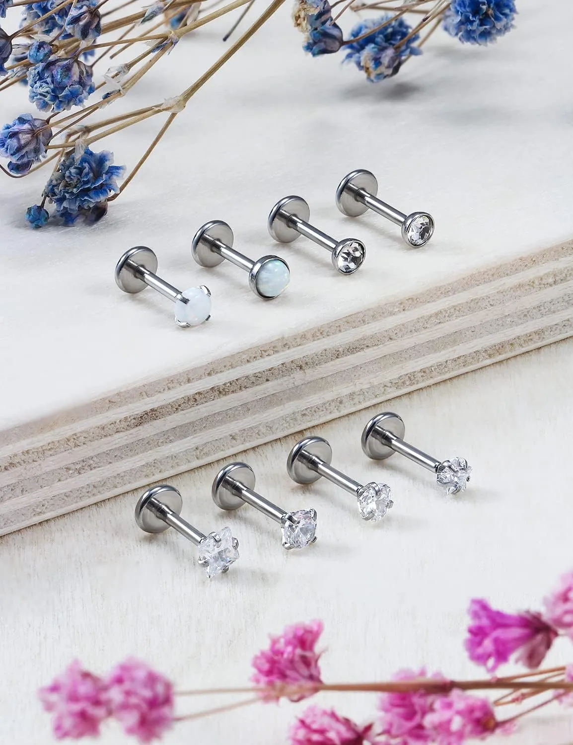 Ocptiy 18G 20G 16G Push in Flat Back Nose Rings Studs Surgical Steel Theadless Stud Earrings Cartilage Ear Piercings Helix Tragus Earrings Barbell 6mm 7mm 8mm Lenght Diamond 3mm