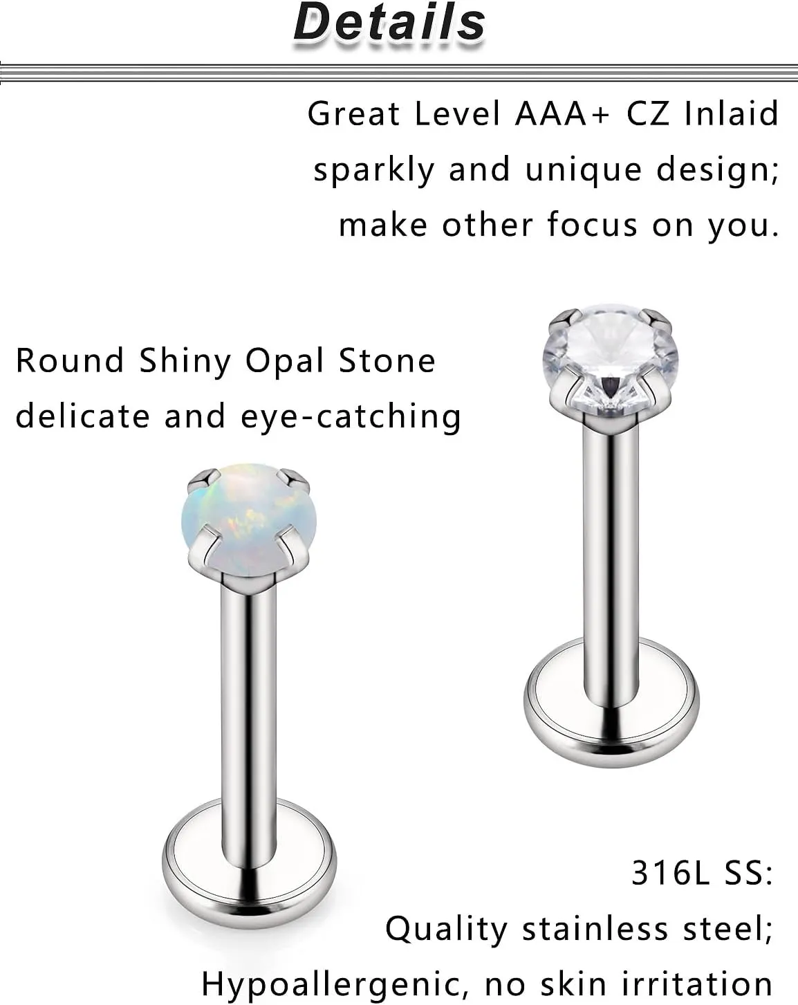 Ocptiy 18G 20G 16G Push in Flat Back Nose Rings Studs Surgical Steel Theadless Stud Earrings Cartilage Ear Piercings Helix Tragus Earrings Barbell 6mm 7mm 8mm Lenght Diamond 3mm
