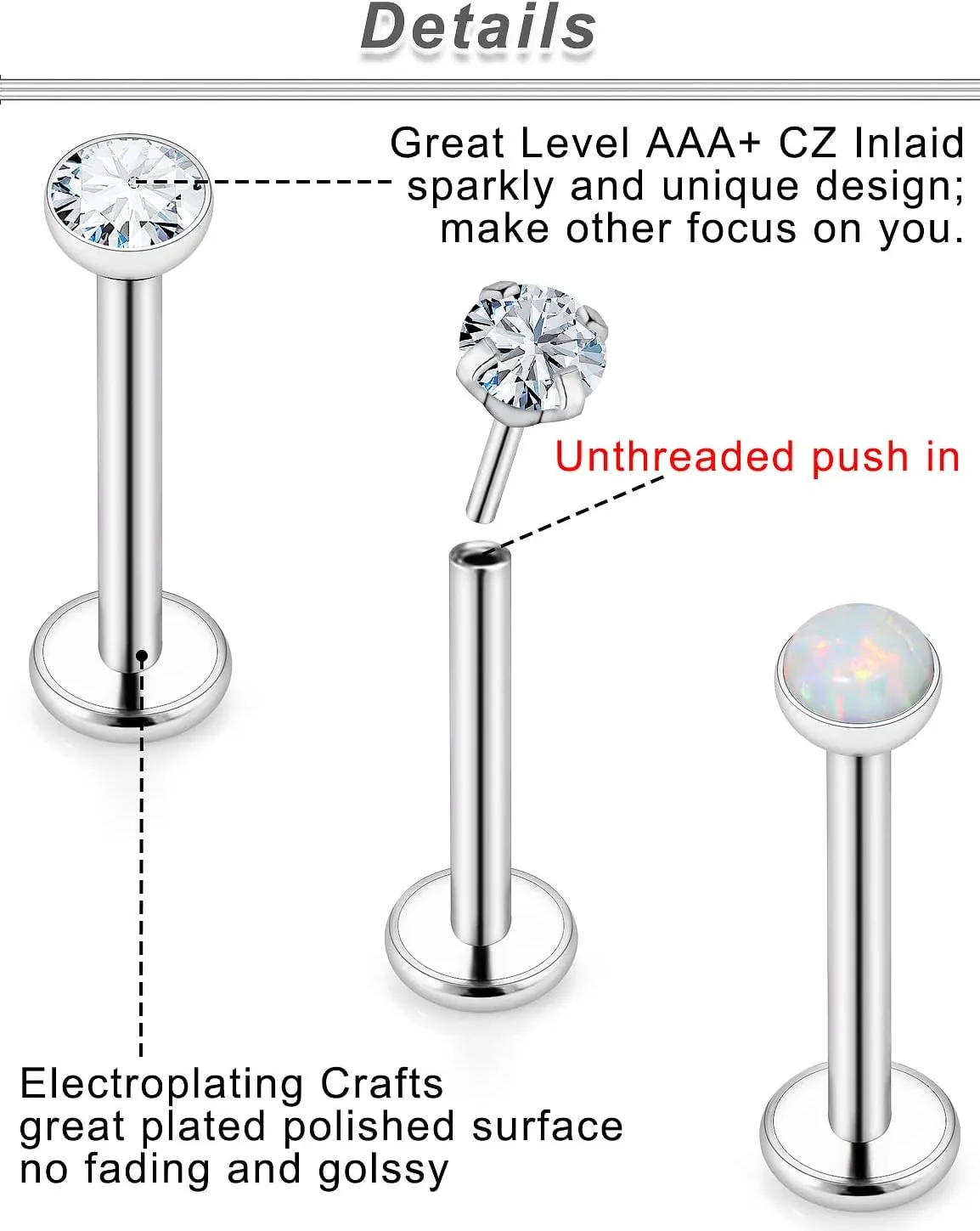 Ocptiy 18G 20G 16G Push in Flat Back Nose Rings Studs Surgical Steel Theadless Stud Earrings Cartilage Ear Piercings Helix Tragus Earrings Barbell 6mm 7mm 8mm Lenght Diamond 3mm