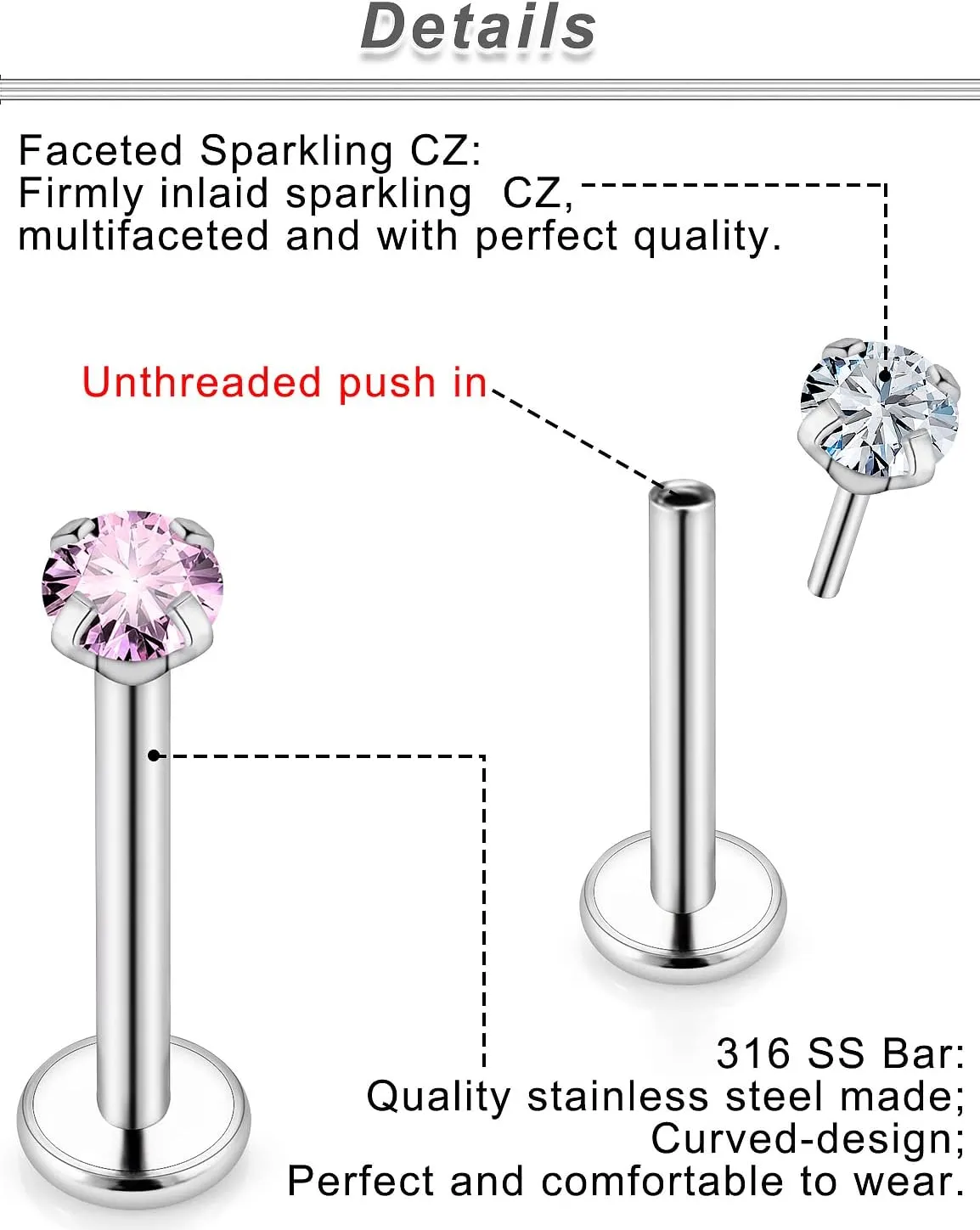 Ocptiy 18G 20G Push in Theadless Nose Rings Studs Hypoallergenic Surgical Steel Cartilage Tragus Helix Earrings Stud Lip labret Monroe Medusa Piercings Jewelry 6mm 7mm 8mm Bar Lenght Diamond 3mm