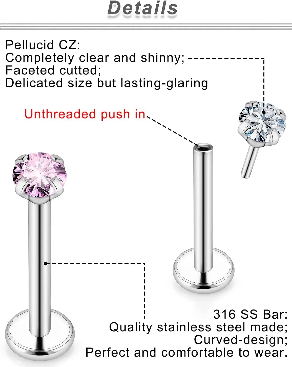 Ocptiy 18G 20G Push in Theadless Nose Rings Studs Hypoallergenic Surgical Steel Cartilage Tragus Helix Earrings Stud Lip labret Monroe Medusa Piercings Jewelry 6mm 7mm 8mm Bar Lenght Diamond 3mm