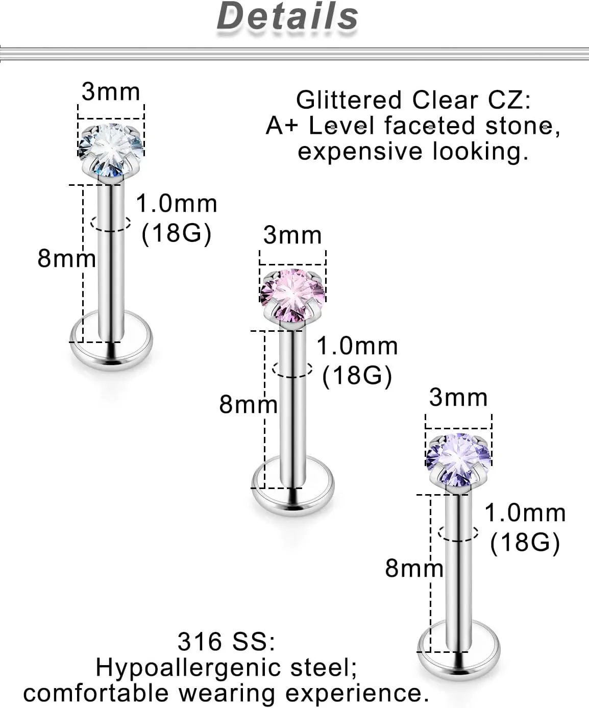 Ocptiy 18G 20G Push in Theadless Nose Rings Studs Hypoallergenic Surgical Steel Cartilage Tragus Helix Earrings Stud Lip labret Monroe Medusa Piercings Jewelry 6mm 7mm 8mm Bar Lenght Diamond 3mm