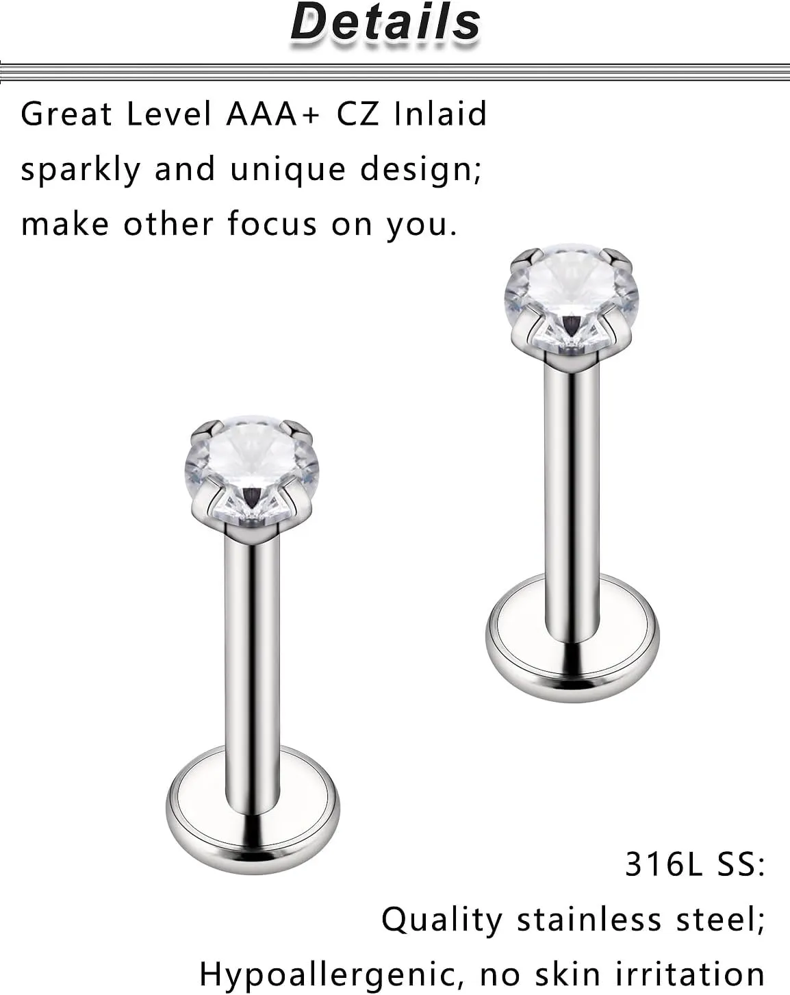 Ocptiy 20G 18G 16G Titanium Flat Back Nose Rings Studs Hypoallergenic Lip Labret Monroe Medusa Internally threaded Tragus Cartilage Helix Earrings Studs Piercing Jewelry for Women Men 6mm 8mm 10mm