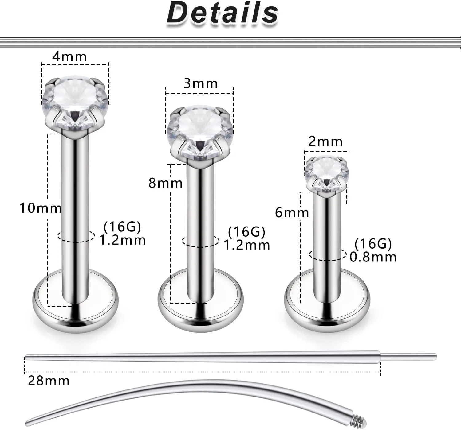 Ocptiy 20G 18G 16G Titanium Flat Back Nose Rings Studs Hypoallergenic Lip Labret Monroe Medusa Internally threaded Tragus Cartilage Helix Earrings Studs Piercing Jewelry for Women Men 6mm 8mm 10mm