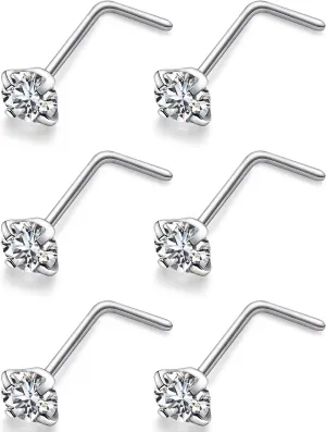 Ocptiy 22G 20G 18G Titanium Nose Rings Studs Hypoallergenic L Shaped Diamond Stud Nose Ring Medical Implant Grade Surgical Steel Nose Nostril Rings Piercing Jewelry for Women Men 3mm