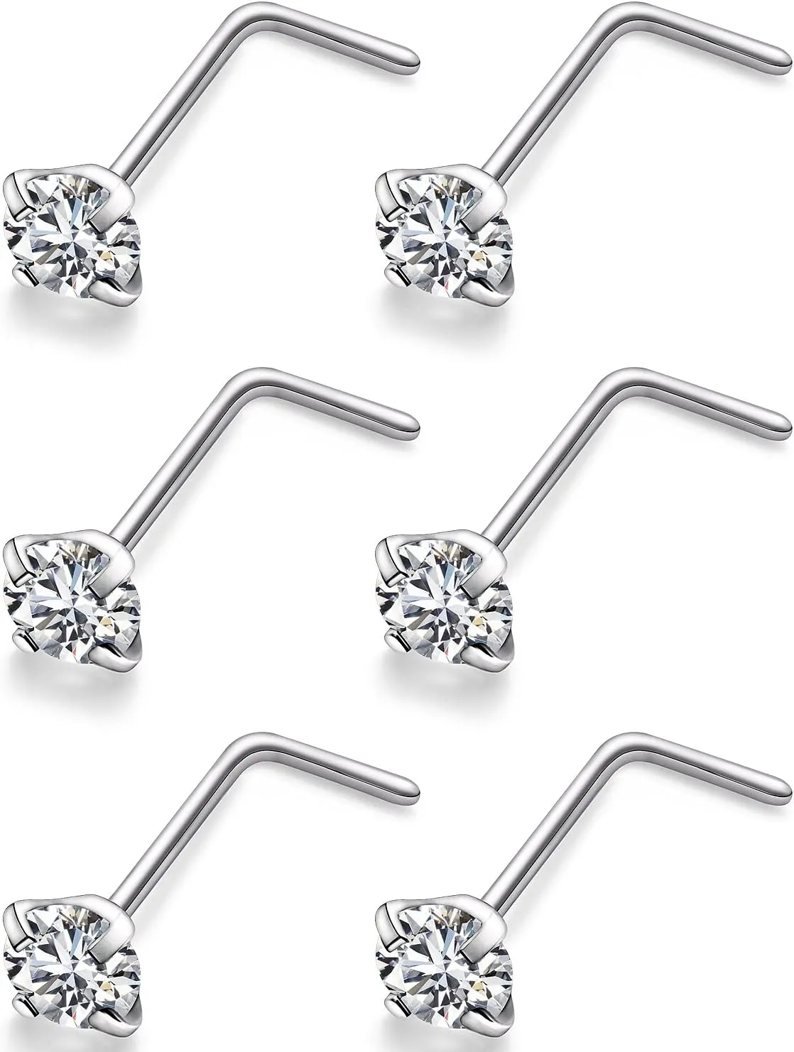Ocptiy 22G 20G 18G Titanium Nose Rings Studs Hypoallergenic L Shaped Diamond Stud Nose Ring Medical Implant Grade Surgical Steel Nose Nostril Rings Piercing Jewelry for Women Men 3mm