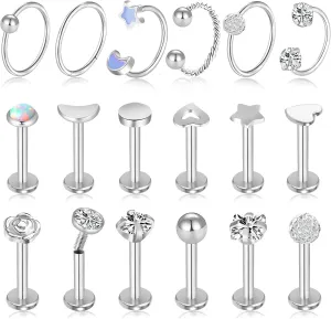 ONESING 12-25 Pcs 16G Tragus Earrings for Women Men Cartilage Earrings Labret Stud Tragus Piercing Jewelry