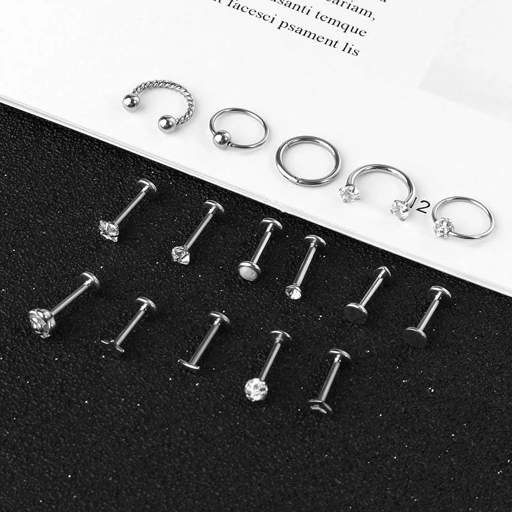 ONESING 12-25 Pcs 16G Tragus Earrings for Women Men Cartilage Earrings Labret Stud Tragus Piercing Jewelry