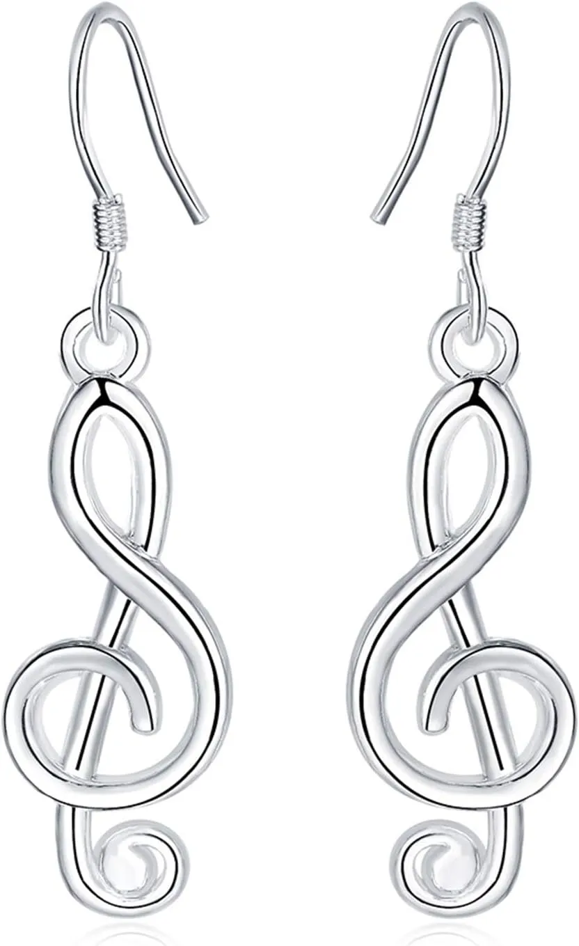 ONLYJUMP 925 Sterling Silver Musical Note Earrings for Women Unique Fun Treble Clef Opal Polished Hook Earrings for Music Lover (Silver)