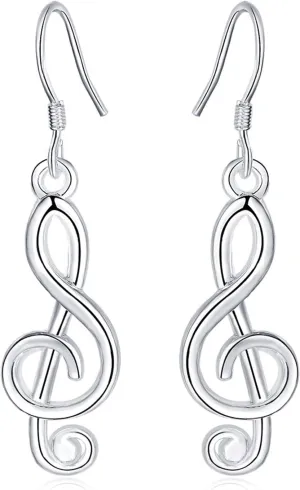 ONLYJUMP 925 Sterling Silver Musical Note Earrings for Women Unique Fun Treble Clef Opal Polished Hook Earrings for Music Lover (Silver)