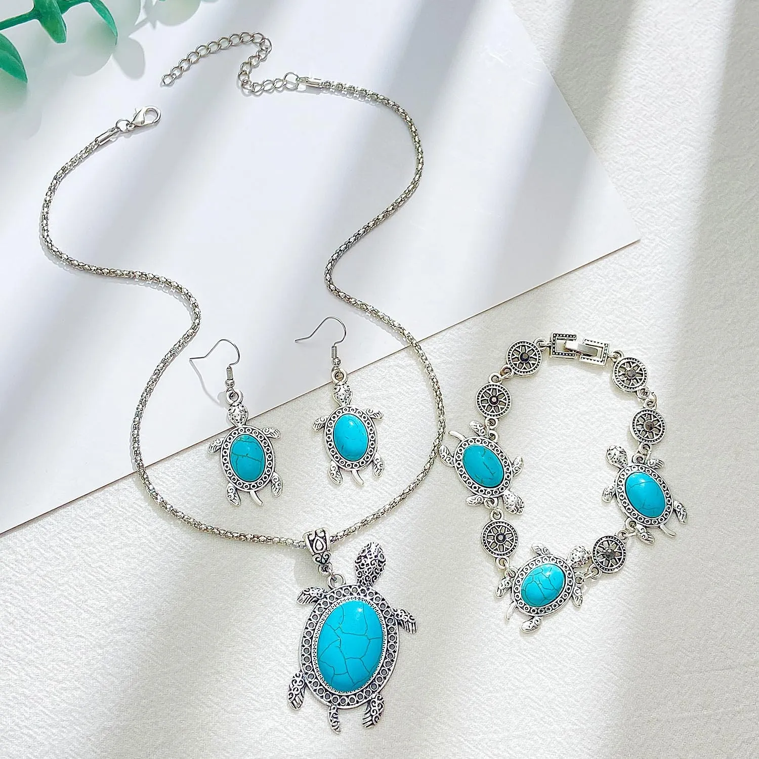 ONLYJUMP Vintage Turtle Necklace Pendant Cute Animal Sea Tortoise Turquoise Earrings Hook Hollow Circle Flower Bracelet for Women Boho Jewelry Set
