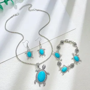 ONLYJUMP Vintage Turtle Necklace Pendant Cute Animal Sea Tortoise Turquoise Earrings Hook Hollow Circle Flower Bracelet for Women Boho Jewelry Set