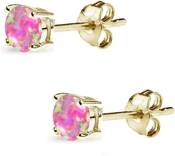 Opal Earrings for Women Sterling Silver Round-Cut Solitaire Synthetic Studs for Bridesmaids, Prom