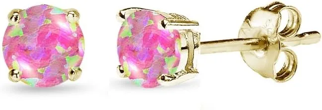 Opal Earrings for Women Sterling Silver Round-Cut Solitaire Synthetic Studs for Bridesmaids, Prom