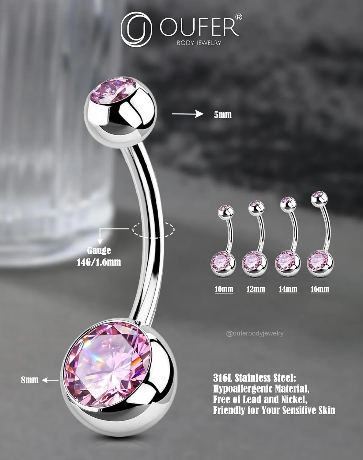 OUFER Belly Button Rings Surgical Stee, Internally Threaded Belly Rings, 14G Belly Piercing Jewelry, Belly Button Rings, Navel Piercing Jewelry For Women Men