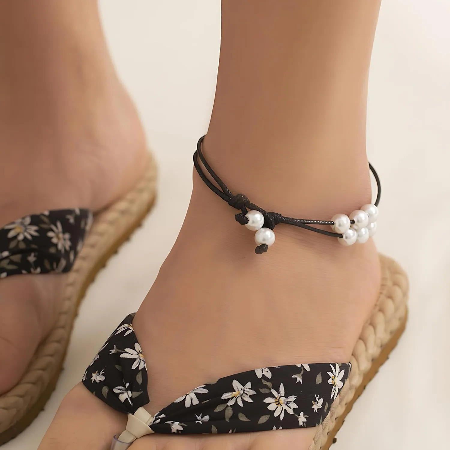 Pearl Ankle Bracelets for Women Layered Waterproof Anklet Adjustable Weave Pearl Anklet Minimalist Summer Beach Foot Chain Ankle Jewelry Gifts