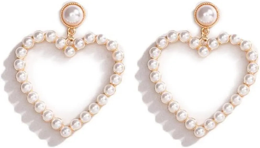 Pearl Heart Dangle Stud Earrings for Women Minimalist Fun Fashion Retro Exaggerated Peach Heart Love Earrings (Heart Dangle Stud)