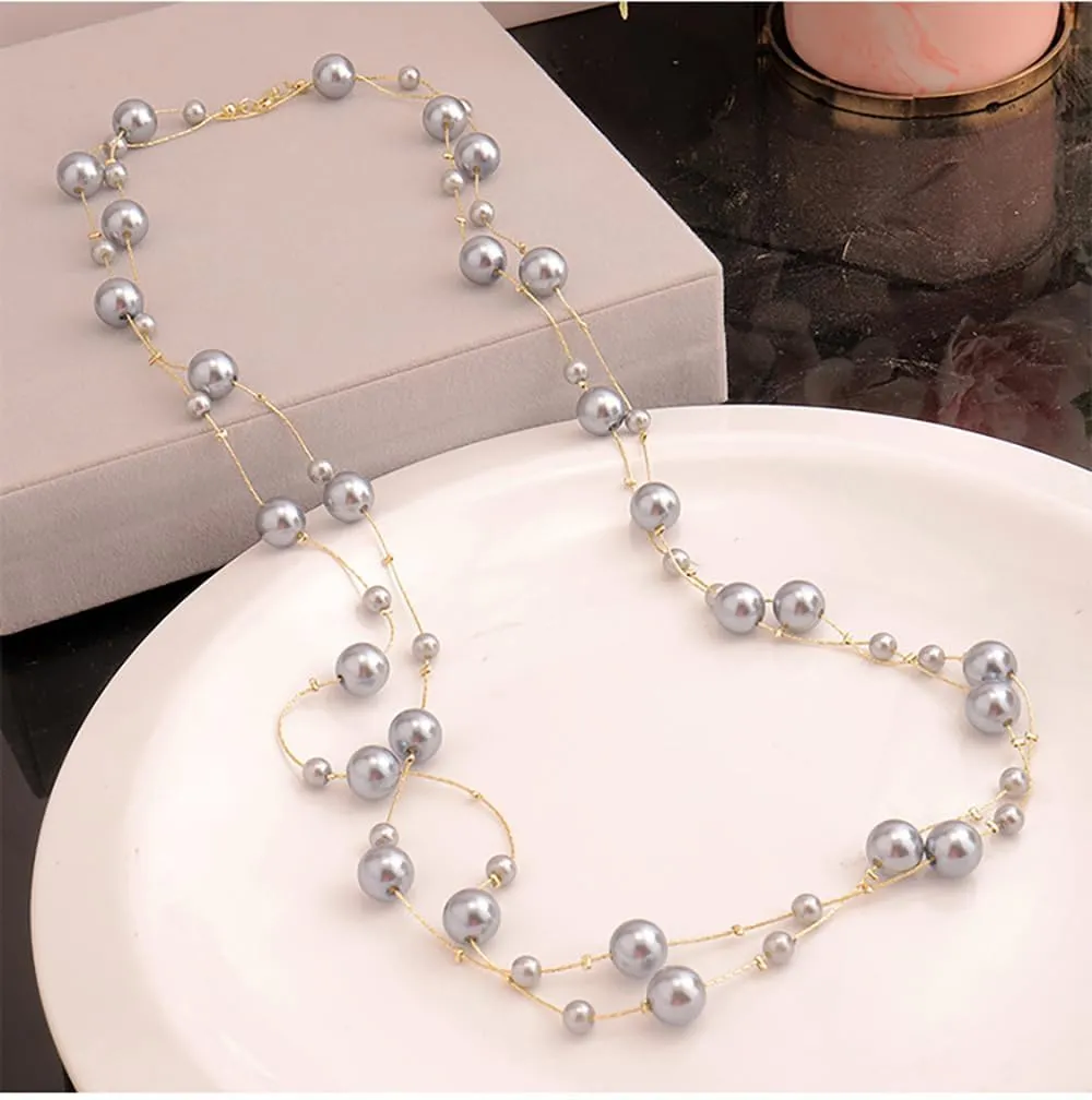 Pearl Layered Strand Necklaces for Women Dainty Fashion Long Imitation Pearls Beads Multiple Strands Chain Layer Choker Necklace Elegant Statement Charm Winter Sweater Vintage Wedding Party Costume Jewelry Gifts